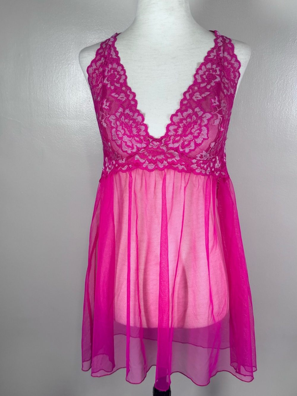 Victoria’s Secret Sz L Hot Pink Lace Chiffon Babydoll Halter Sheer Lingerie Top